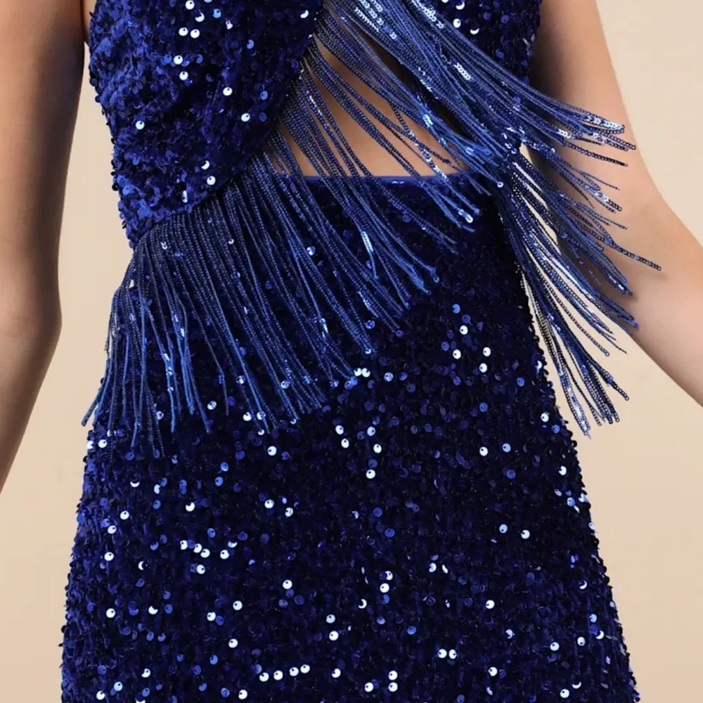 Lulus Royal Blue Elevated Dazzle Velvet Sequin Fringe Halter Mini Dress NWT L - Picture 3 of 16